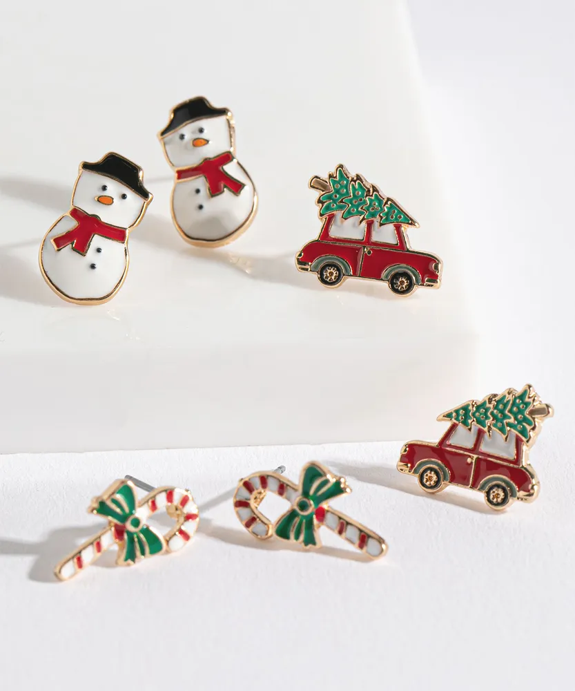 Snowman, Candycane & Car Earring Trio