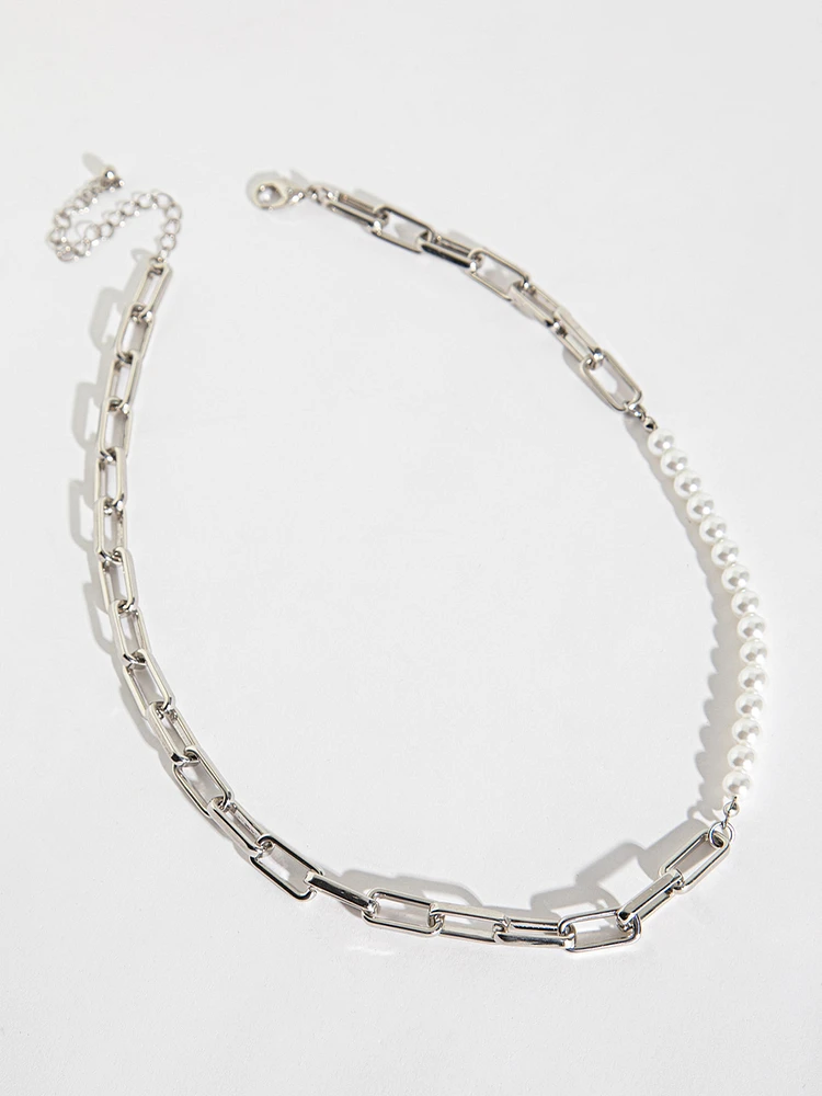 Silver Paperclip and White Pearl Necklace