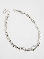 Silver Paperclips and White Pearls Necklace