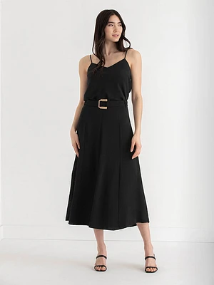 A-Line Textured Midi Skirt with Buckle