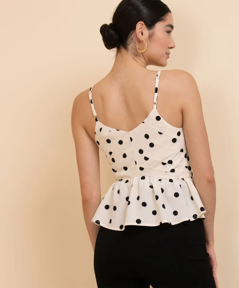 Strappy Polka-Dot Peplum Blouse