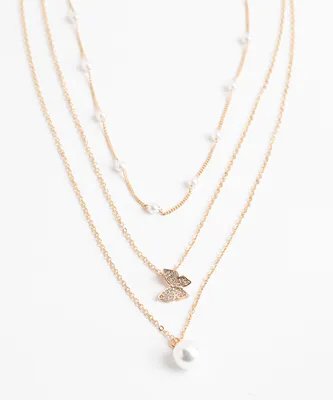 Layered Pearl & Butterfly Necklace