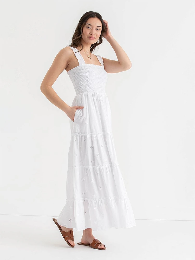 Smocked Bodice Eyelet Maxi Dress