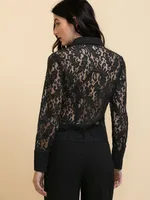 Long Sleeve Collared Button-Front Lace Shirt