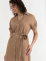 Linen Shirtdress with Roll Sleeves