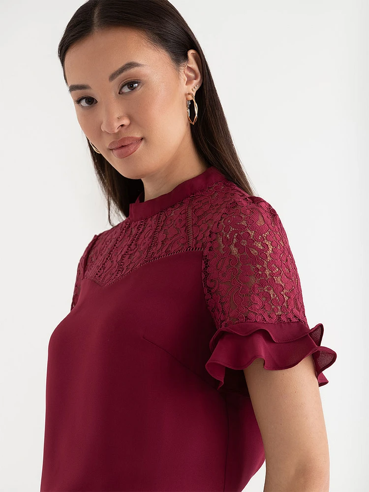 Short Sleeve Lace & Ruffle Blouse