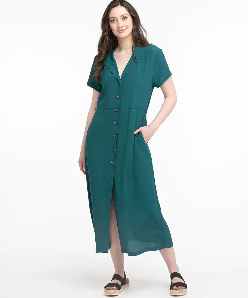 Notch Collar Button Front Midi Dress