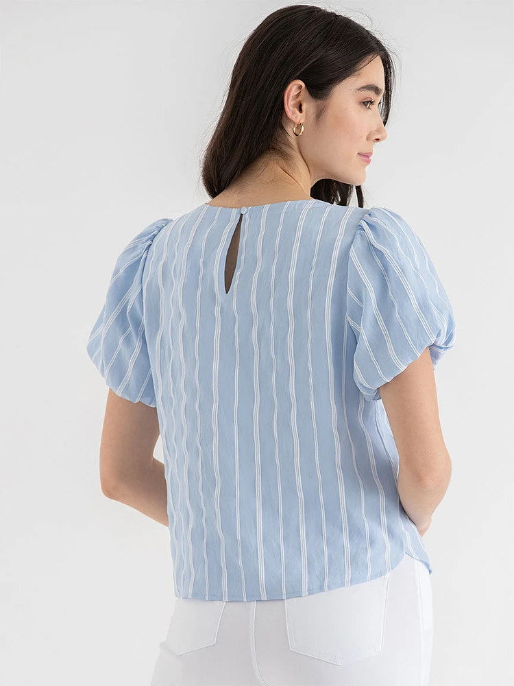 Dobby Stripe Puff Sleeve Top