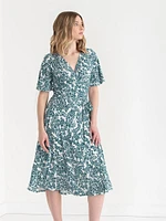 Short Sleeve Faux Wrap Midi Dress