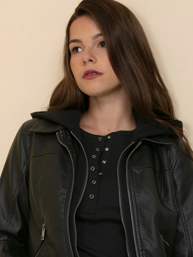 Faux Leather Jacket with Fleece Hood