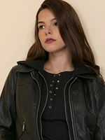 Faux Leather Jacket with Fleece Hood