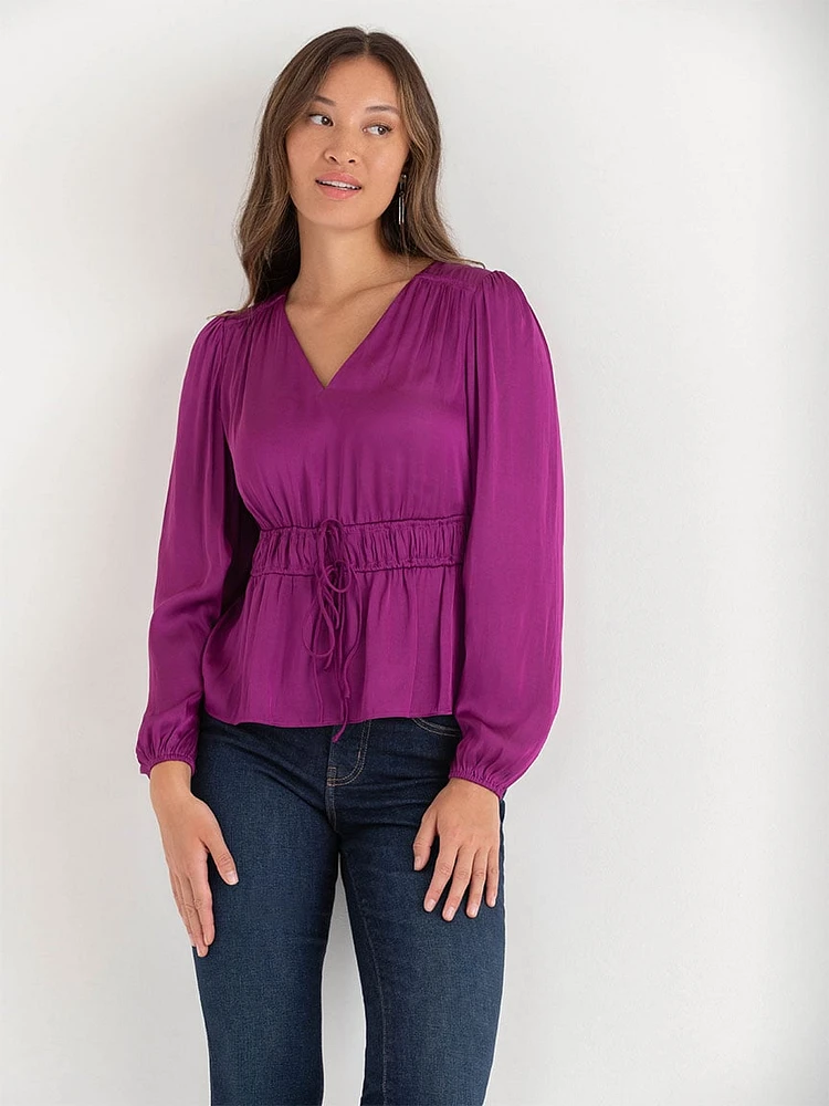 Long Sleeve Charmeuse V-Neck Blouse