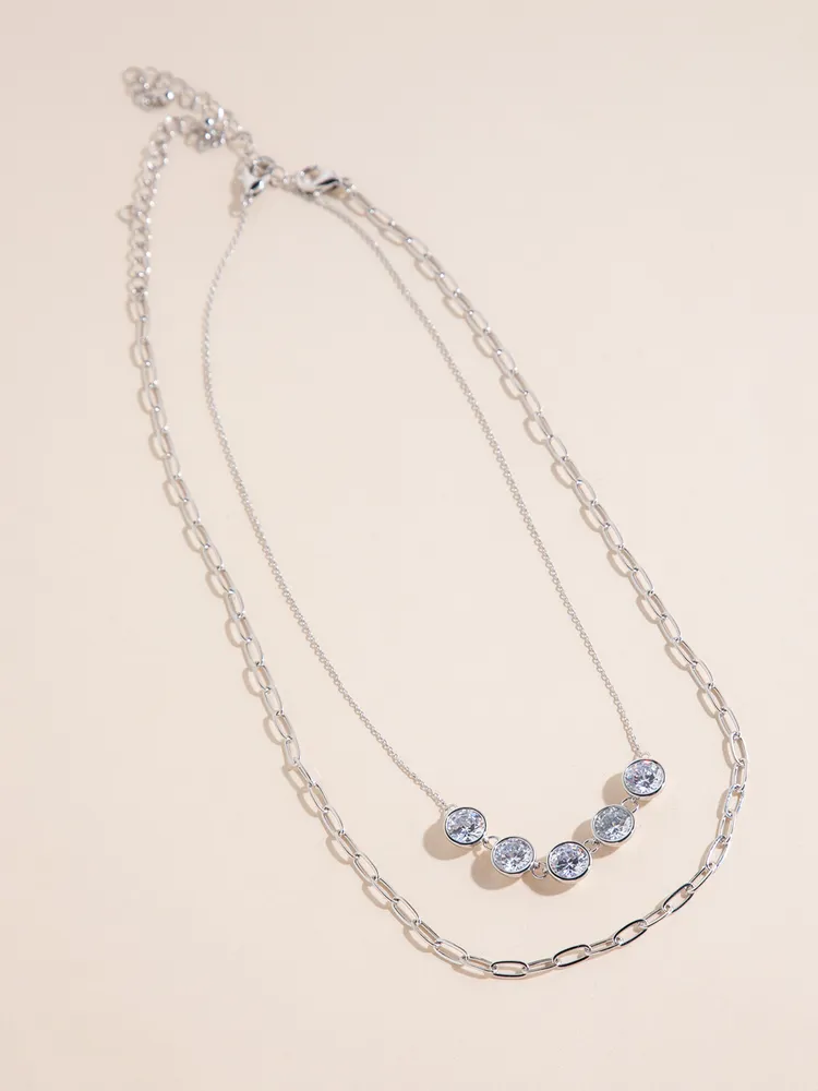 Silver Layered Cubic Zirconia + Paperclip Necklaces