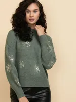 Mock Neck Sequin Snowflake Sweater