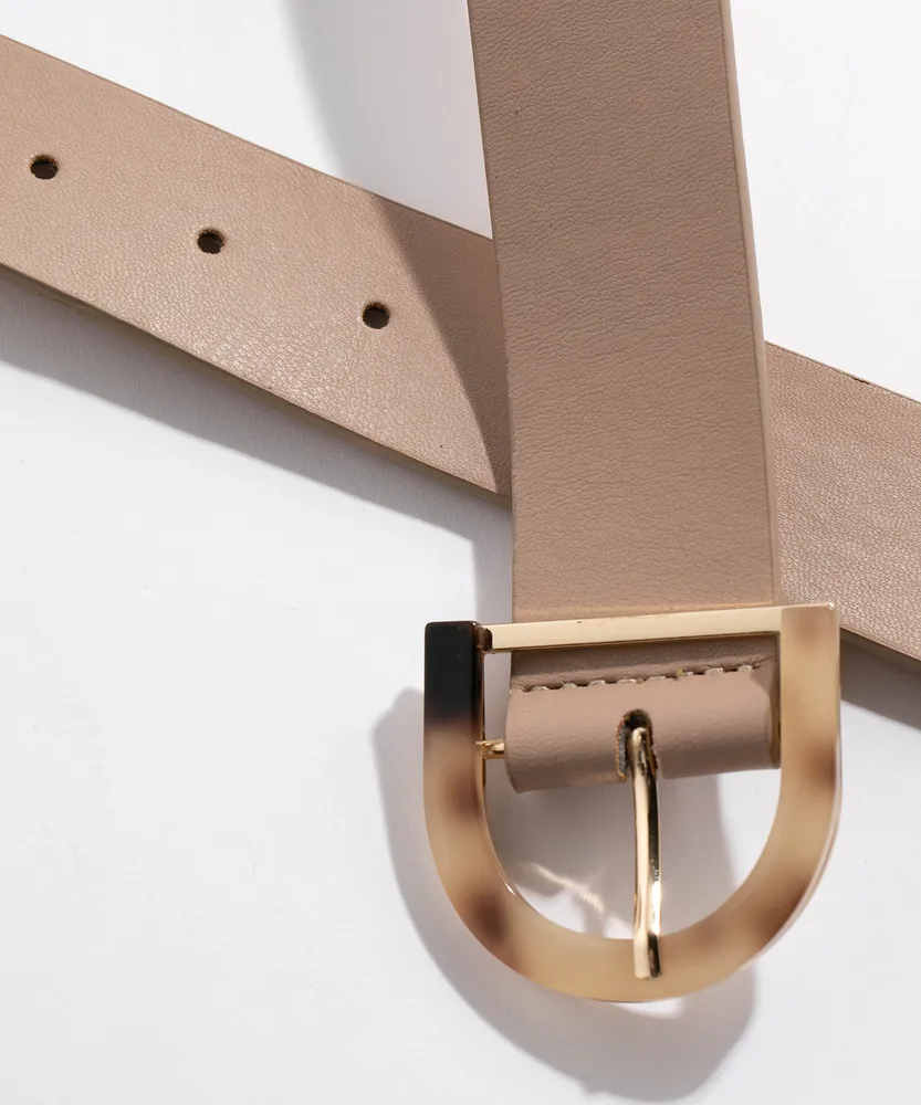 Beige Belt with D-Shaped Tortie Buckle