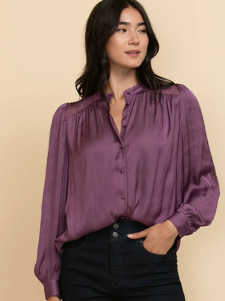 Satin Blouse with Sleeve Applique