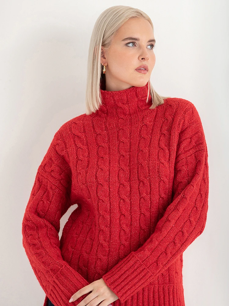 Mock Neck Cable Sweater