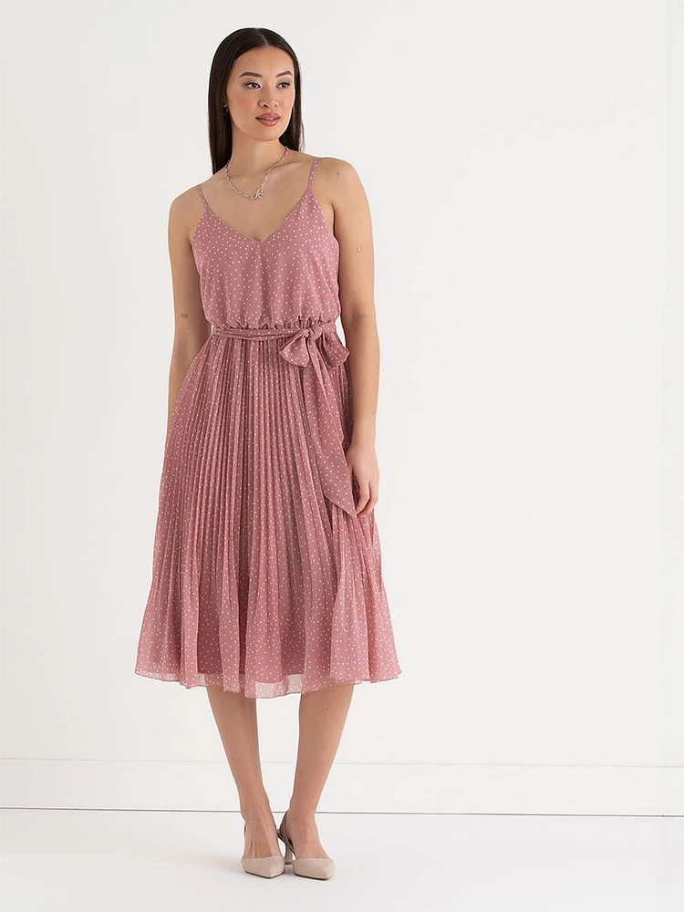 V-Neck Pleated Skirt Midi Dress