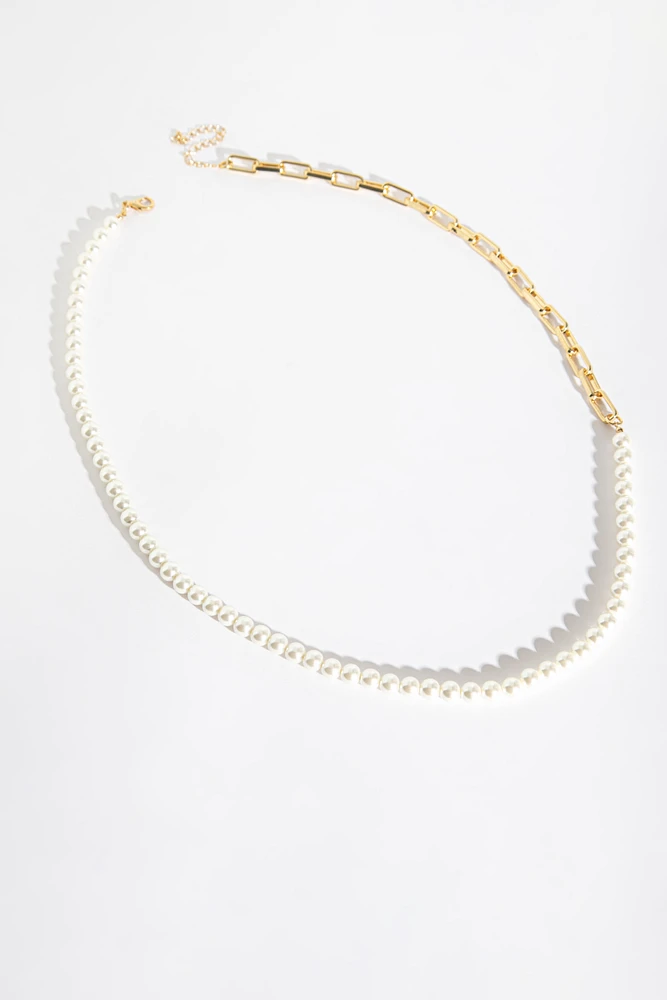 Glass Pearls & Paper Clip Chain Necklace