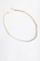 Glass Pearls & Paper Clip Chain Necklace