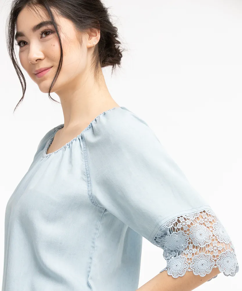 Light Denim Crochet Sleeve Blouse