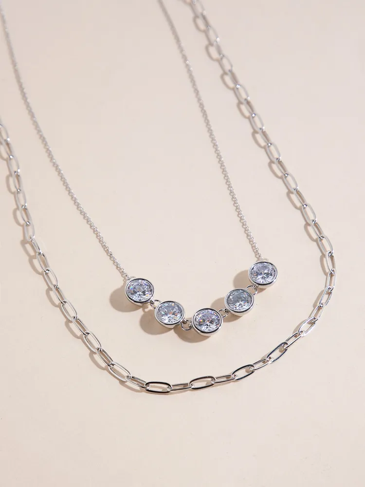 Silver Layered Cubic Zirconia + Paperclip Necklaces