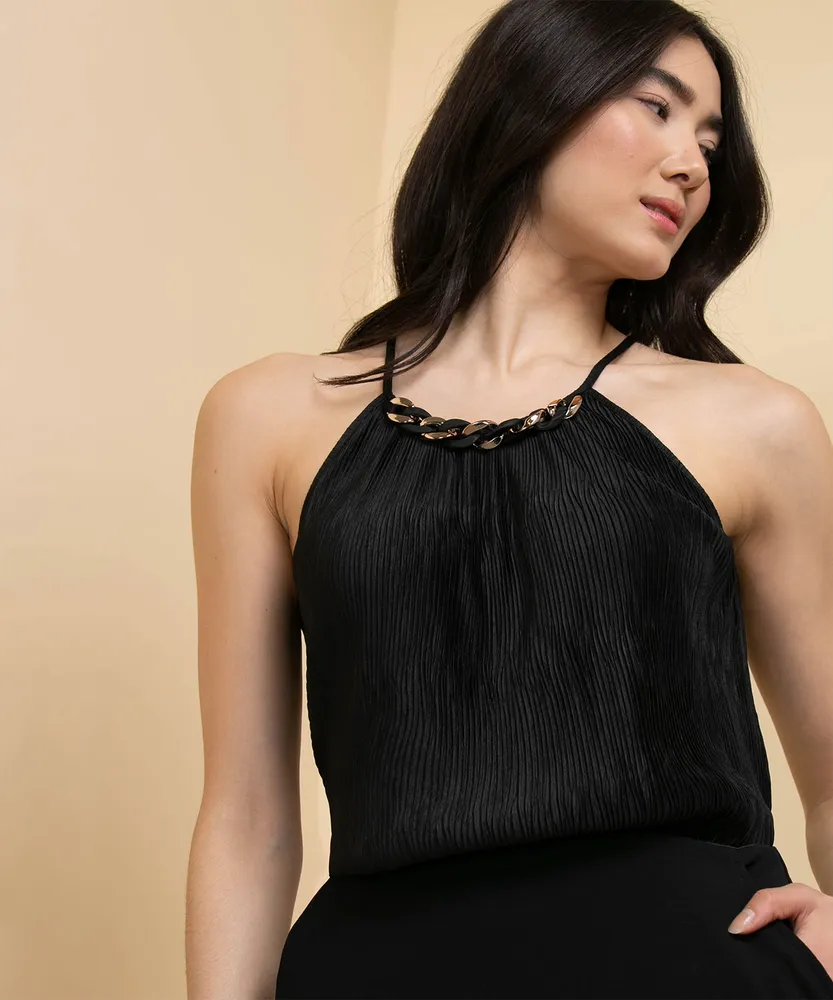 Plisse Halter Top with Chain Detail