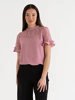 Short Sleeve Lace & Ruffle Blouse