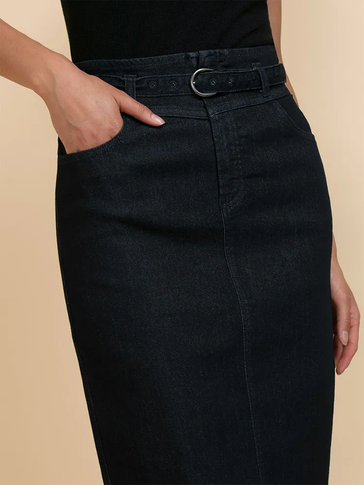 Belted Denim Pencil Skirt