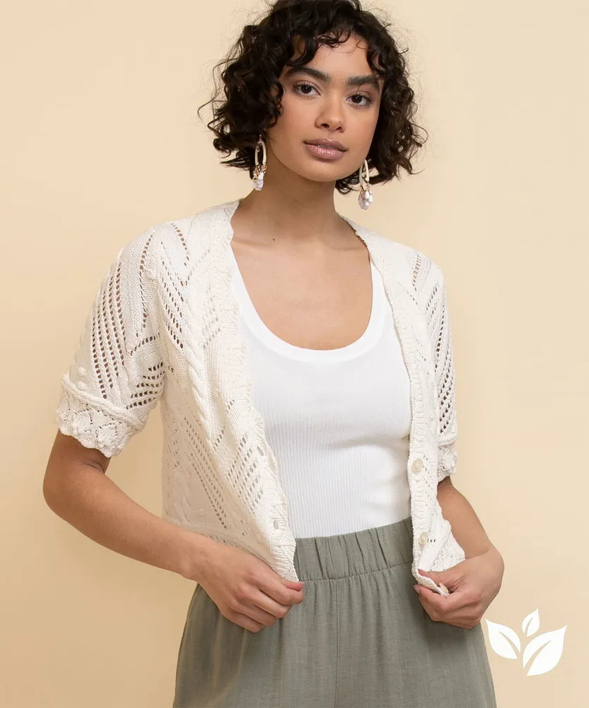 Open-Stitch Button-Up Crop Cardigan