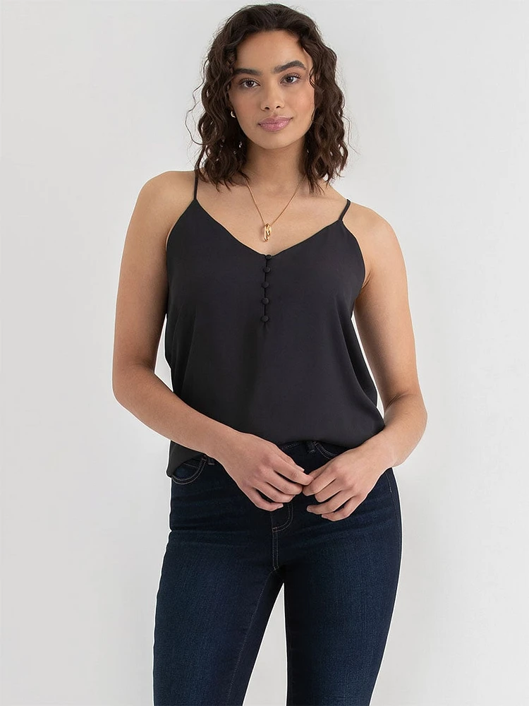 Strappy V-Neck Tank with Button