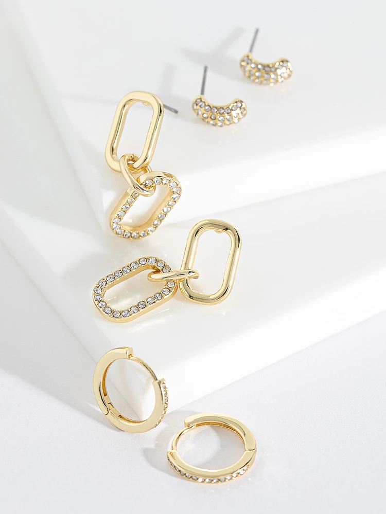 Gold Pave Paperclip + Hoop + Stud Earring Set