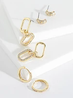 Gold Pave Paperclip + Hoop + Stud Earring Set