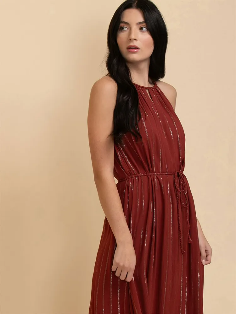 Braided Glitter Halter Dress with Tie Belt