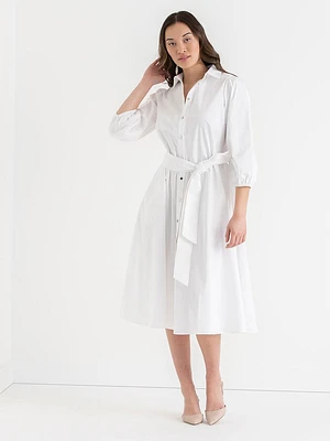 Puff Sleeve Belted Midi Shirtdress Luxe Poplin