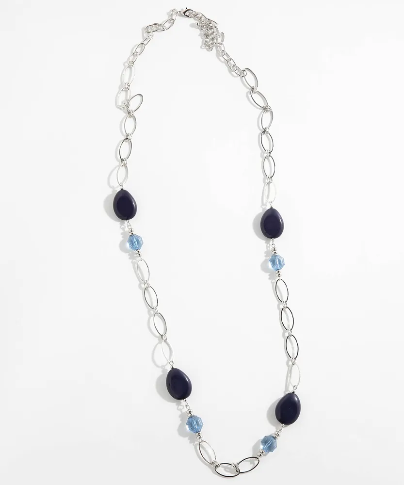 Long Chain Link Necklace with Blue Gems