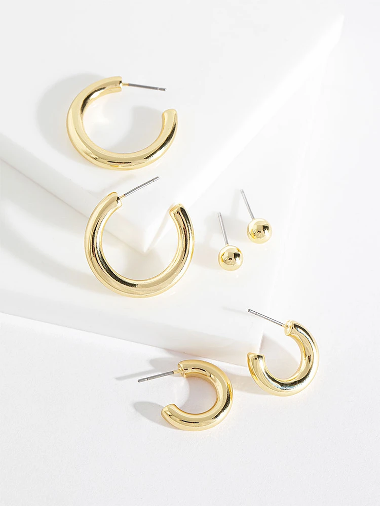 Ball Stud and Hoop Earring Trio in Gold