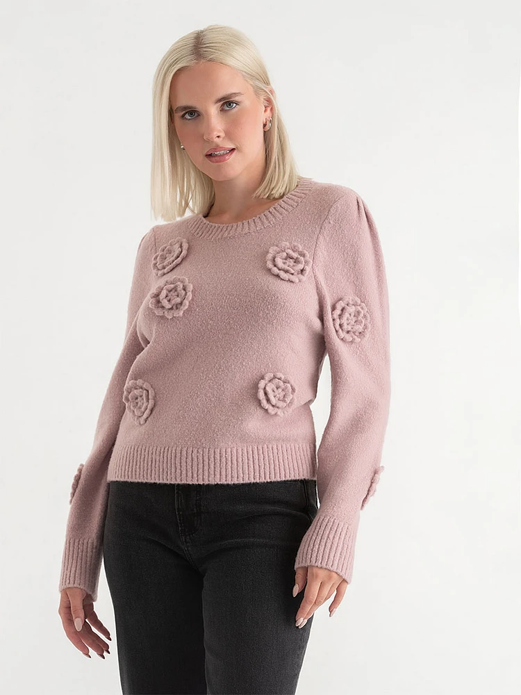 Crew Neck Rosette Sweater