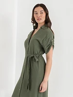 Linen Shirtdress with Roll Sleeves