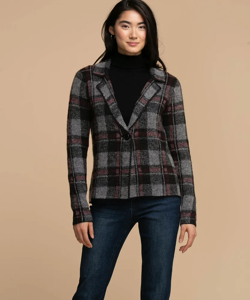 Eco-Friendly One-Button Plaid Cardigan