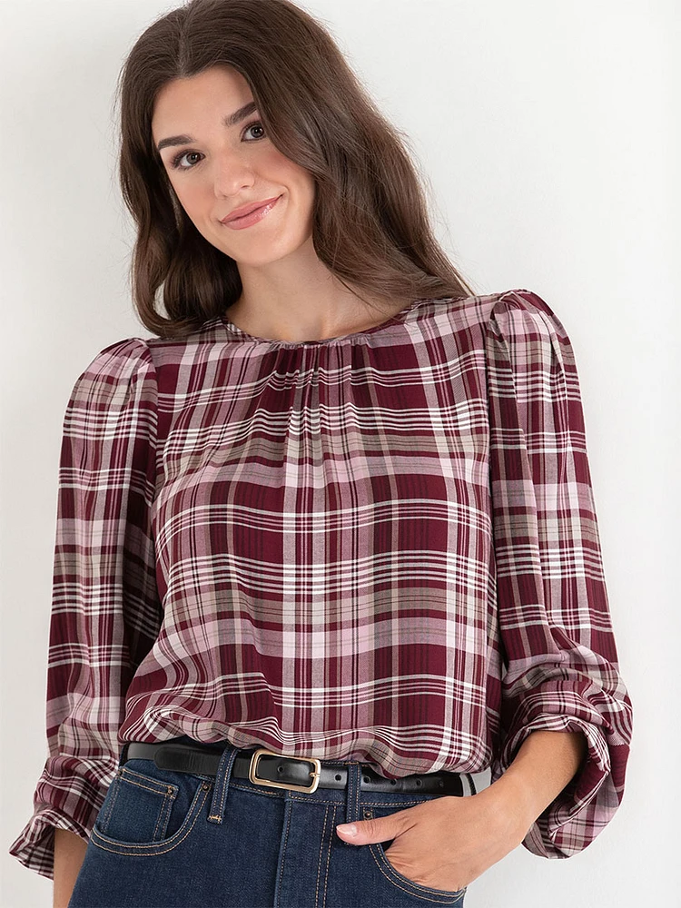 Long Sleeve Plaid Blouse