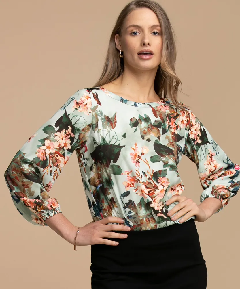 Long Puff Sleeve Scoop Neck Blouse
