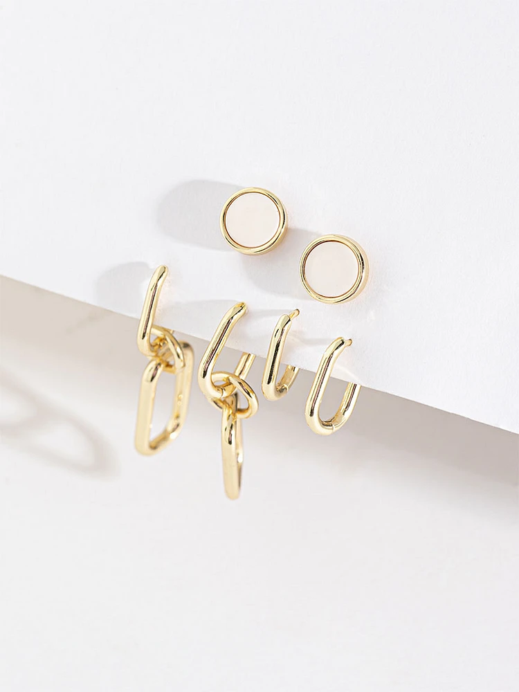 Stud, Paper Clip, Huggie Hoop Earring Trio