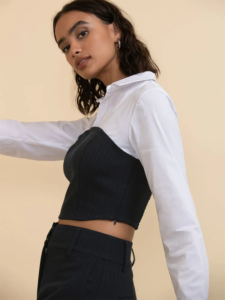 Long Sleeve Poplin Shirt with Pinstripe Corset