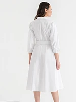 Puff Sleeve Belted Midi Shirtdress Luxe Poplin