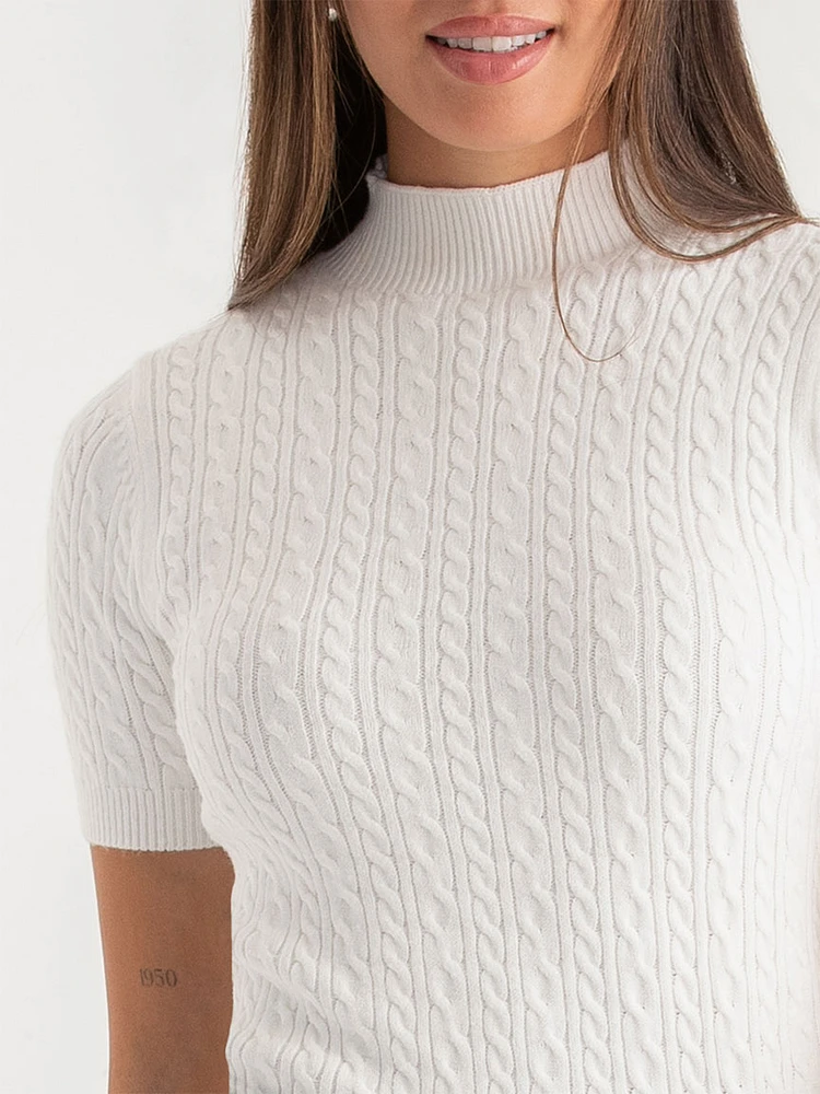 Mock Neck Elbow Sleeve Cable Sweater