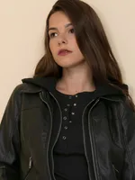 Faux Leather Jacket with Fleece Hood By Sebby Collection
