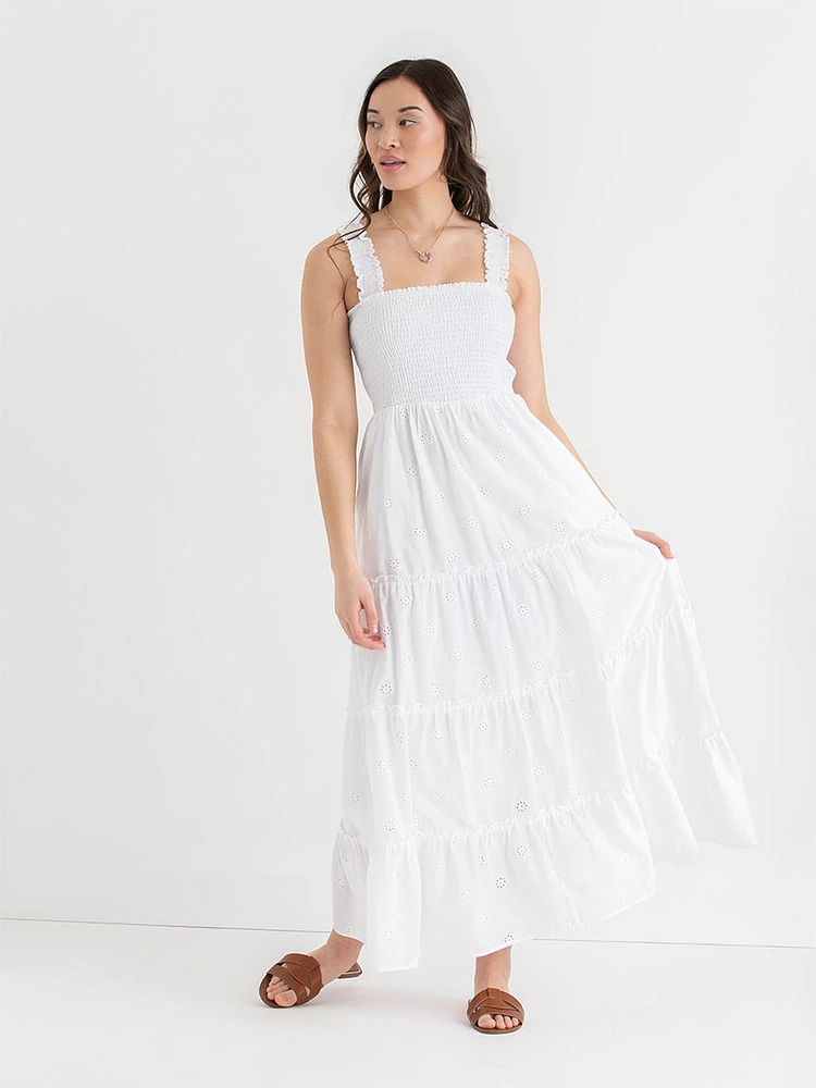 Smocked Bodice Eyelet Maxi Dress