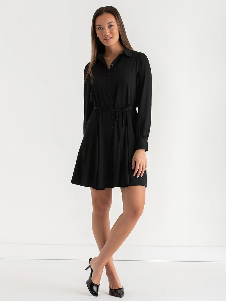 Collared Button-Front Dress with Tie Waist