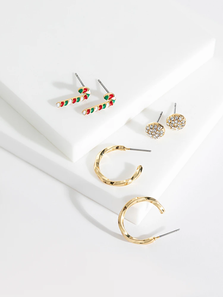 Hoops, Paved Stud & Candy Cane Earring Trio